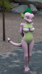Size: 391x684 | Tagged: safe, artist:sparkyfox, character:barb, character:spike, species:anthro, species:plantigrade anthro, 3d, beach, bikini, breasts, busty barb, cg, clothing, daz studio, female, older, panties, rule 63, solo, swimsuit, underwear