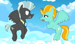 Size: 1170x683 | Tagged: safe, artist:sapphireartemis, character:lightning dust, character:thunderlane, species:pegasus, species:pony, female, goggles, male, mare, shipping, sky, stallion, straight, thunderdust