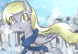 Size: 1069x748 | Tagged: safe, artist:lilliesinthegarden, character:derpy hooves, species:pegasus, species:pony, clothing, colored pupils, earbuds, female, mare, scarf, snow, snowfall, solo, tree