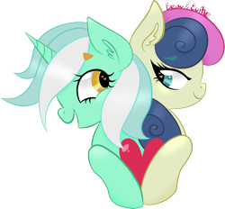 Size: 1756x1630 | Tagged: safe, artist:euphoriapony, artist:orcakisses, character:bon bon, character:lyra heartstrings, character:sweetie drops, species:earth pony, species:pony, species:unicorn, ship:lyrabon, best friends, ear fluff, female, grin, heart, heart eyes, lesbian, shipping, simple background, smiling, transparent background, vector, wingding eyes