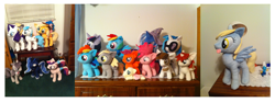 Size: 1464x546 | Tagged: safe, artist:planetplush, character:applejack, character:derpy hooves, character:dj pon-3, character:fluttershy, character:octavia melody, character:pinkie pie, character:pipsqueak, character:princess cadance, character:princess luna, character:rainbow dash, character:rarity, character:scootaloo, character:trixie, character:twilight sparkle, character:vinyl scratch, character:white lightning, species:pegasus, species:pony, blinds, cables, carpet, clock, crossover, desk, dewott, dresser, female, figurine, irl, lace, lamp, lava lamp, mare, photo, plushie, pokémon, table, wall, window