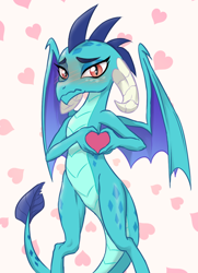 Size: 650x900 | Tagged: safe, artist:ta-na, character:princess ember, species:dragon, episode:gauntlet of fire, g4, my little pony: friendship is magic, blushing, cute, emberbetes, female, heart hands, looking at you, moe moe kyun, solo, tsundember, tsundere