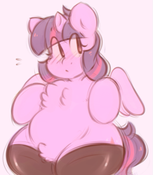 Size: 447x512 | Tagged: safe, artist:toroitimu, character:twilight sparkle, character:twilight sparkle (alicorn), species:alicorn, species:pony, chest fluff, chubby, clothing, female, mare, pubic fluff, solo, stockings, wide hips