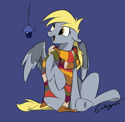 Size: 1024x1001 | Tagged: safe, artist:rutkotka, character:derpy hooves, species:pegasus, species:pony, clothing, doctor who, female, food, fourth doctor's scarf, mare, muffin, scarf, solo, tardis