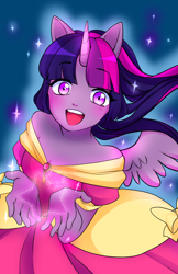 Size: 3300x5100 | Tagged: safe, artist:asparagusapparatus, artist:techycutie, character:twilight sparkle, character:twilight sparkle (alicorn), species:alicorn, species:anthro, absurd resolution, clothing, coronation dress, dress, female, magic, open mouth, solo