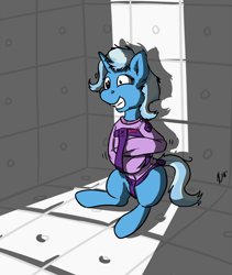 Size: 2000x2368 | Tagged: safe, artist:dombrus, character:trixie, species:pony, species:unicorn, asylum, bad end, female, insanity, mismatched eyes, padded cell, solo, straitjacket