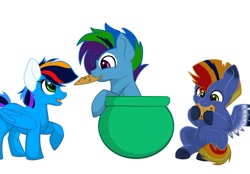 Size: 1024x713 | Tagged: safe, artist:colourstrike, oc, oc only, oc:glider, oc:hurricane, oc:storm, parent:rainbow dash, parent:soarin', parents:soarindash, cookie, cookie jar, cookie thief, cute, food, offspring, siblings, simple background, white background