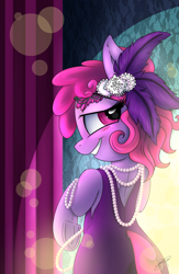 Size: 800x1227 | Tagged: safe, artist:jorobro, character:berry punch, character:berryshine, species:pony, berrybetes, bipedal, blushing, clothing, cute, dress, female, grin, looking back, pearl, solo, underhoof
