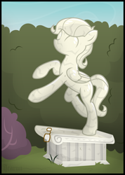 Size: 2050x2876 | Tagged: safe, artist:icaron, oc, oc only, oc:saga, species:pegasus, species:pony, canterlot, garden, inanimate object, inanimate tf, objectification, petrification, plinth, show accurate, solo, statue, stone, transformation