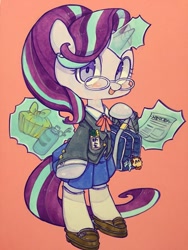 Size: 960x1280 | Tagged: safe, artist:mosamosa_n, character:starlight glimmer, character:sunburst, species:pony, species:unicorn, bag, bipedal, bottle, clothing, cute, female, glasses, glimmerbetes, glowing horn, horn, jacket, keychain, magic, mare, pleated skirt, shoes, skirt, socks, solo, telekinesis