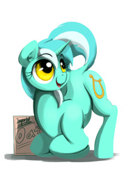Size: 1500x2000 | Tagged: safe, artist:gasmaskfox, character:lyra heartstrings, species:pony, species:unicorn, ass up, backbend, cute, expensive imported oats, female, food, lyrabetes, oats, simple background, sitting, smiling, solo, white background