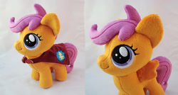 Size: 1400x753 | Tagged: safe, artist:planetplush, character:scootaloo, species:pegasus, species:pony, 4de, cape, clothing, cmc cape, cute, cutealoo, irl, photo, plushie, solo