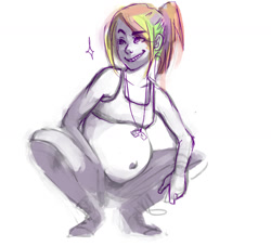 Size: 1280x1163 | Tagged: safe, artist:glasmond, character:rainbow dash, species:human, belly button, female, grin, humanized, pregnant, sassy, solo, squatting