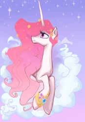 Size: 1193x1717 | Tagged: safe, artist:my-magic-dream, character:princess celestia, species:alicorn, species:pony, cloud, female, flower, flower in hair, jewelry, mare, pink-mane celestia, solo