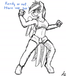 Size: 1400x1620 | Tagged: safe, artist:mopyr, character:rainbow dash, species:anthro, species:unguligrade anthro, action pose, armpits, belly button, breasts, cleavage, clothing, female, grayscale, midriff, monochrome, shorts, sketch, solo, sports bra, underboob
