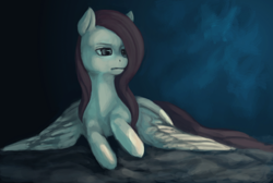 Size: 900x604 | Tagged: safe, artist:elkaart, character:fluttershy, species:pegasus, species:pony, female, looking away, lying down, mare, prone, solo, spread wings, three quarter view, wings