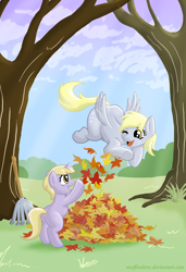 Size: 1200x1750 | Tagged: safe, artist:muffinshire, character:derpy hooves, character:dinky hooves, species:pegasus, species:pony, species:unicorn, autumn, duo, equestria's best mother, happy, leaves, rake, smiling