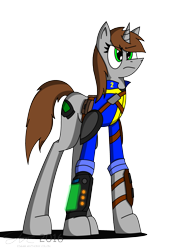 Size: 1920x2560 | Tagged: safe, artist:derpanater, oc, oc only, oc:littlepip, species:pony, species:unicorn, fallout equestria, clothing, digital art, fanfic, fanfic art, female, hooves, horn, mare, pipbuck, simple background, solo, transparent background, vault suit