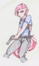 Size: 778x1308 | Tagged: safe, artist:zoarenso, character:babs seed, species:anthro, female, gun, no trigger discipline, older, revolver, solo, traditional art, weapon