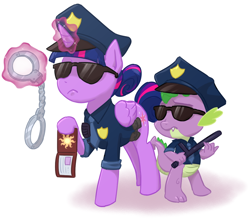 Size: 800x700 | Tagged: safe, artist:ta-na, character:spike, character:twilight sparkle, character:twilight sparkle (alicorn), species:alicorn, species:pony, cuffs, duo, female, mare, nightstick, police, police uniform, sunglasses