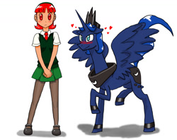 Size: 1280x1016 | Tagged: safe, artist:redanon, character:princess luna, oc, oc:femanon, species:human, blushing, clothing, color, eyes on the prize, femanon in malequestria, floppy ears, frown, mary janes, pantyhose, prince artemis, raised hoof, raised leg, red eyes, rule 63, shoes, skirt, smiling, spread wings, sweat, sweatdrop, wings