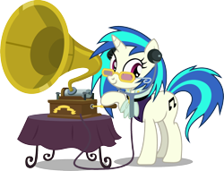 Size: 1570x1200 | Tagged: safe, artist:seahawk270, character:dj pon-3, character:vinyl scratch, species:pony, species:unicorn, episode:a hearth's warming tail, g4, my little pony: friendship is magic, clothing, cutie mark, female, glasses, gramophone, hooves, horn, listening to music, mare, phonograph, simple background, smiling, solo, stethoscope, sunglasses, table, table cloth, transparent background, vector, victorian, victrola scratch