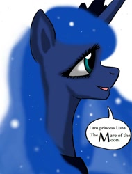 Size: 800x1052 | Tagged: safe, artist:lyun, character:princess luna, species:alicorn, species:pony, bust, comic, female, horn, jewelry, mare, open mouth, portrait, profile, regalia, smiling, solo, tiara