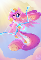 Size: 800x1169 | Tagged: safe, artist:meekcheep, character:princess cadance, archery, arrow, bow (weapon), bow and arrow, cupid, cupidance, cute, cutedance, female, flying, princess of love, solo, tongue out, weapon