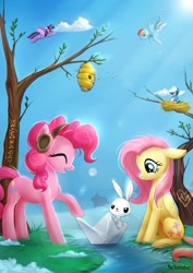 Size: 1416x2000 | Tagged: safe, artist:scheadar, character:angel bunny, character:fluttershy, character:pinkie pie, character:rainbow dash, character:twilight sparkle, character:twilight sparkle (alicorn), species:alicorn, species:bird, species:pony, episode:winter wrap up, g4, my little pony: friendship is magic, beehive, bird nest, cloud, crossed arms, cute, diapinkes, earmuffs, eyes closed, female, floppy ears, flying, looking back, looking down, mare, open mouth, paper boat, raised hoof, river, shyabetes, sitting, smiling, spread wings, spring, stream, tree, wings, winter