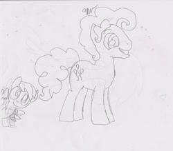 Size: 1024x899 | Tagged: safe, artist:trotsworth, artist:zeustheumbreon, character:pinkie pie, oc, oc:cupid, bubble berry, monochrome, rule 63, trace, traditional art