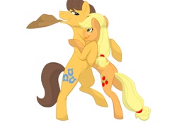 Size: 1024x713 | Tagged: safe, artist:colourstrike, character:applejack, character:caramel, ship:carajack, accessory theft, clothing, female, hat, male, shipping, simple background, straight