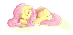 Size: 2076x1000 | Tagged: source needed, safe, artist:postscripting, artist:psescape, artist:rustydooks, character:fluttershy, clothing, cute, eyes closed, female, floppy ears, prone, shirt, shyabetes, sleeping, solo
