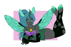 Size: 1280x853 | Tagged: safe, artist:lolopan, character:queen chrysalis, species:anthro, species:unguligrade anthro, ship:chryslestia, book, breasts, busty queen chrysalis, clothing, cutie mark necklace, female, green eyes, green underwear, lesbian, nail polish, ponytail, shipping, solo, underhoof, underwear