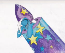 Size: 2096x1701 | Tagged: safe, artist:scribblepwn3, character:trixie, species:pony, species:unicorn, episode:no second prances, g4, my little pony: friendship is magic, cannon, crying, female, helmet, mare, pen drawing, sad, solo, traditional art, watercolor painting