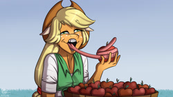 Size: 1920x1080 | Tagged: safe, artist:namygaga, character:applejack, species:anthro, .mov, apple, apple.mov, female, floppy ears, food, impossibly long tongue, jappleack, long tongue, scene interpretation, solo, that pony sure does love apples, tongue out