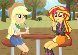 Size: 1325x943 | Tagged: safe, artist:majkashinoda626, character:applejack, character:sunset shimmer, ship:appleshimmer, my little pony:equestria girls, boots, cider, clothing, cowboy boots, cowboy hat, crepuscular rays, denim skirt, female, glass, hat, leather jacket, lesbian, shipping, shoes, sipping, sitting, skirt, stetson, stool, table