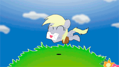 Size: 383x215 | Tagged: safe, artist:alfa995, character:derpy hooves, species:pegasus, species:pony, animated, cardcaptor sakura, cloud, cute, derpabetes, derpy cardcaptor, eyes closed, female, flower, grass, jumping, mare, mouth hold, sky, solo