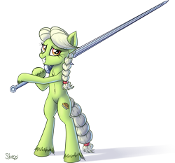 Size: 1379x1287 | Tagged: safe, artist:skorpionletun, character:granny smith, species:pony, belly button, bipedal, chest fluff, female, simple background, solo, sword, transparent background, weapon, young granny smith, zweihander