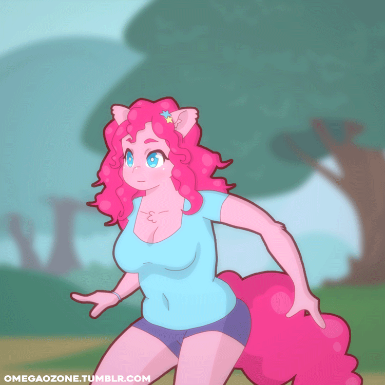 Size: 750x750 | Tagged: safe, artist:omegaozone, character:pinkie pie, species:anthro, animated, bouncing breasts, breasts, busty pinkie pie, chubby, cleavage, clothing, female, frame by frame, jumping, plump, shorts, solo