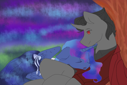 Size: 1200x800 | Tagged: safe, artist:yuyusunshine, character:king sombra, character:princess luna, ship:lumbra, alternate hairstyle, clothing, cuddling, cute, ethereal mane, female, flat colors, lunabetes, male, nuzzling, ribbon, shipping, shirt, snuggling, sombradorable, straight, vest