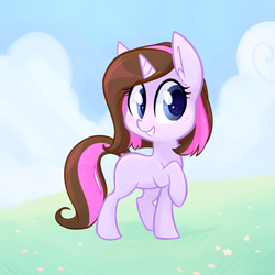 Size: 3000x3000 | Tagged: source needed, safe, artist:meekcheep, oc, oc only, oc:violet rose, species:pony, species:unicorn, blank flank, blue eyes, brown mane, cloud, commission, cute, ear fluff, female, field, filly, flower, grass, happy, pink mane, smiling, solo, two colour hair, young