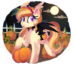 Size: 1600x1400 | Tagged: safe, artist:spookyle, oc, oc only, oc:pumpkin patch, species:bat pony, species:pony, cloud, collar, ear fluff, fangs, fence, food, full moon, looking at you, looking back, moon, night, night sky, pumpkin, solo, spread wings, stars, tongue out, tree, wings