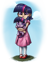 Size: 1545x2000 | Tagged: safe, artist:aphexangel, character:twilight sparkle, species:human, species:pony, species:unicorn, clothing, cute, dress, female, filly, filly twilight sparkle, holding a pony, human ponidox, humanized, ponidox, self ponidox, tongue out, twiabetes, younger