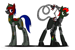 Size: 3840x2560 | Tagged: safe, artist:derpanater, oc, oc only, oc:blaster beam, oc:theremin, fallout equestria, armor, augmented, biohacking, clothing, commission, cyber pony, digital art, fallout equestria: dance of the orthrus, mirage pony