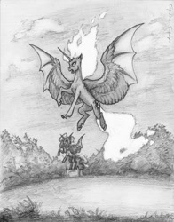 Size: 700x892 | Tagged: safe, artist:adeptus-monitus, character:nightmare moon, character:princess luna, female, monochrome, monument, solo, traditional art