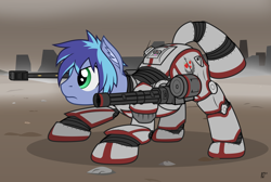 Size: 3000x2015 | Tagged: safe, artist:mrlolcats17, oc, oc only, oc:scout charger, species:earth pony, species:pony, fallout equestria, anti-tank rifle, applejack's rangers, battle stance, commission, determined, minigun, power armor, powered exoskeleton, solo, steel ranger, weapon
