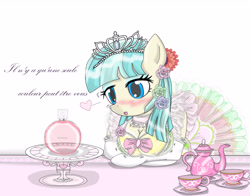 Size: 2800x2200 | Tagged: safe, artist:avchonline, character:coco pommel, species:anthro, ballerina, blushing, breasts, busty coco pommel, canterlot royal ballet academy, chanel no. 5, cleavage, clothing, dress, evening gloves, female, flower, flower in hair, food, french, frilly dress, gloves, hooves on the table, jewelry, makeup, perfume, solo, tea, tea set, teacup, teapot, tiara, translated in the description, tutu