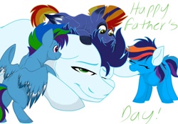 Size: 1024x715 | Tagged: safe, artist:colourstrike, character:soarin', oc, oc:glider, oc:hurricane, oc:storm, parent:rainbow dash, parent:soarin', parents:soarindash, species:pegasus, species:pony, colored wings, colored wingtips, ear bite, father's day, offspring, prone