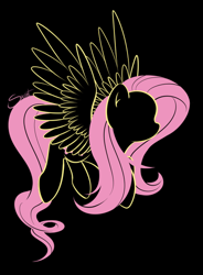 Size: 400x543 | Tagged: safe, artist:secret-pony, character:fluttershy, species:pegasus, species:pony, black background, female, hooves, lineart, mare, minimalist, simple background, solo, spread wings, wings