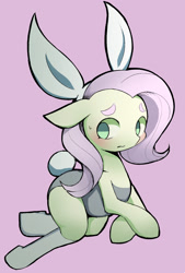 Size: 1271x1878 | Tagged: safe, artist:ccc, character:fluttershy, species:pegasus, species:pony, blushing, bunny ears, bunny suit, bunnyshy, clothing, cute, female, floppy ears, leotard, mare, pink background, pixiv, shyabetes, simple background, solo